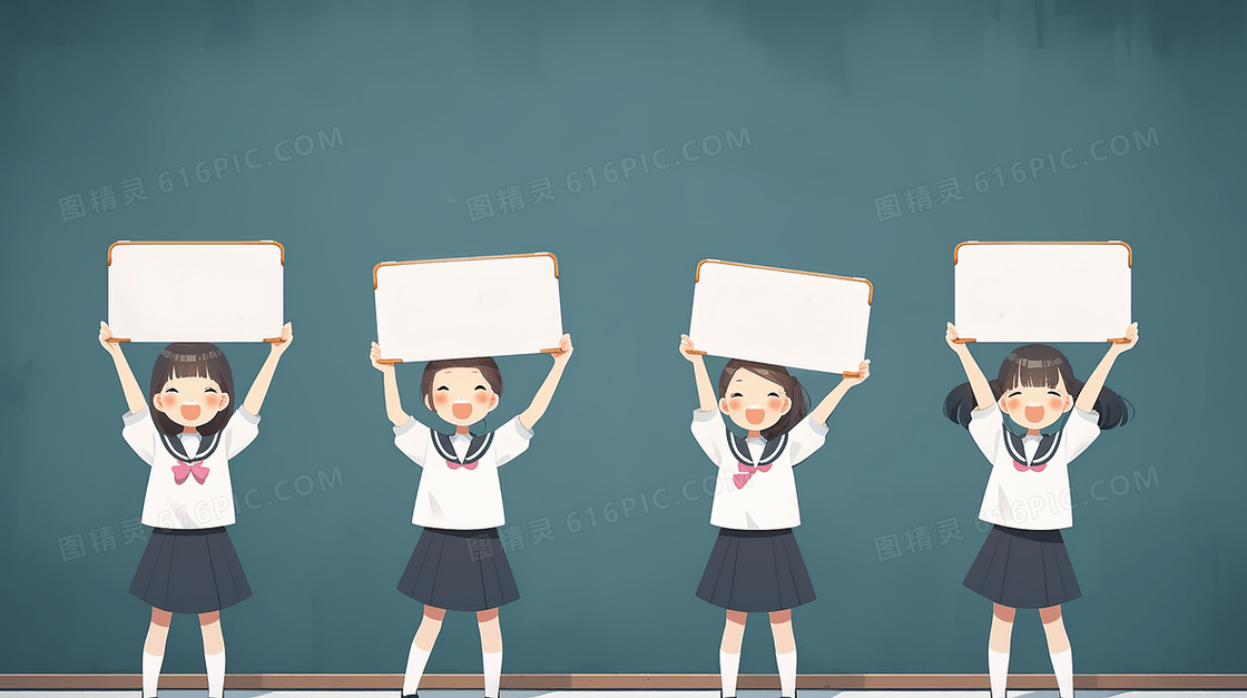 穿着校服的可爱学生在黑板前高举牌子创意插画