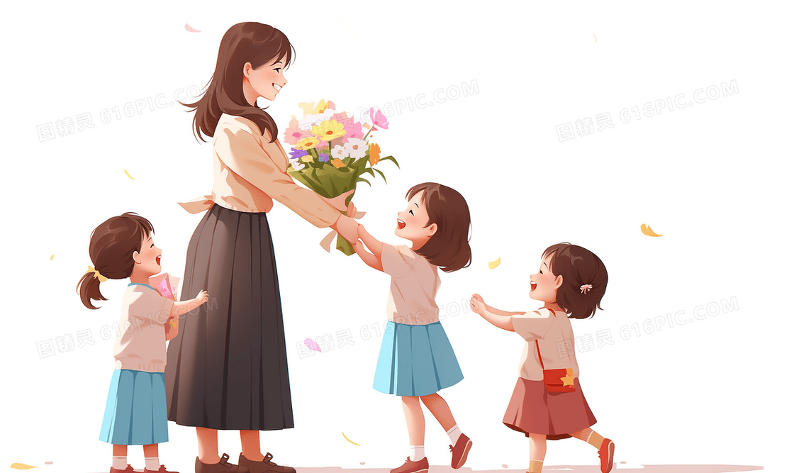 教师节美丽的女老师开心的接过学生送的鲜花创意插画