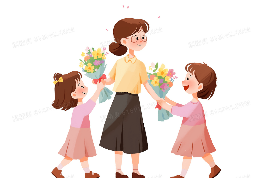 教师节美丽的女老师开心的接过学生送的鲜花创意插画