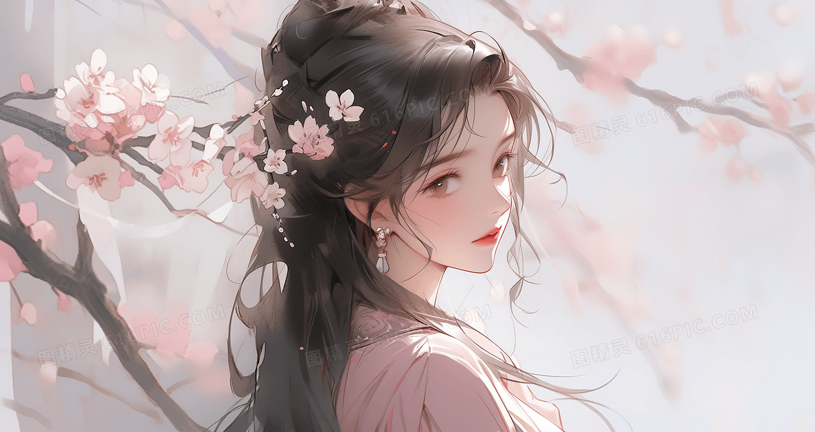 唯美古风美女粉色桃花春日少女创意插画