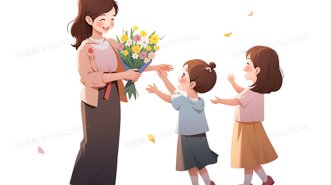 教师节美丽的女老师开心的接过学生送的鲜花创意插画