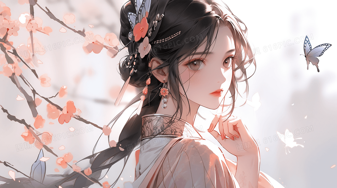 唯美古风美女蝴蝶少女创意插画