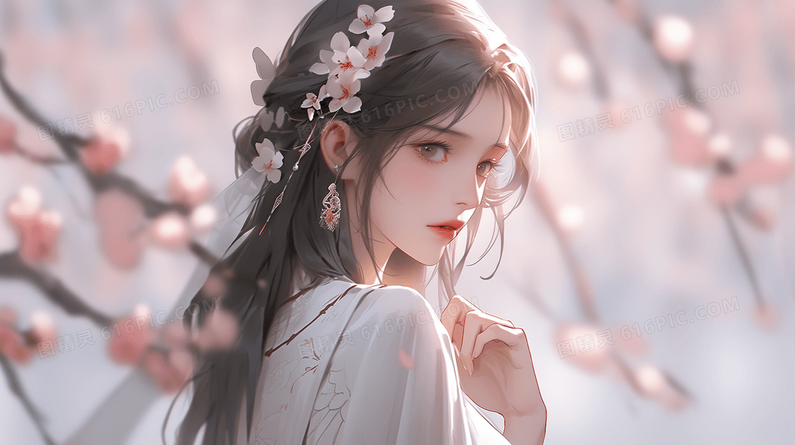 唯美古风美女粉色桃花春日少女创意插画