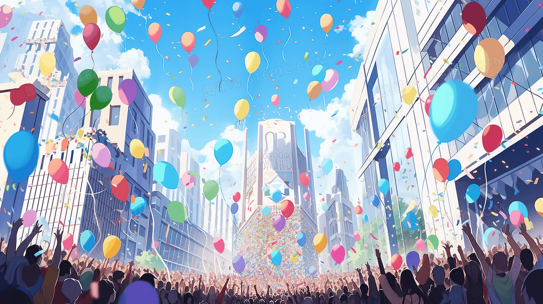 广场上人山人海彩带飞舞欢庆假期创意插画