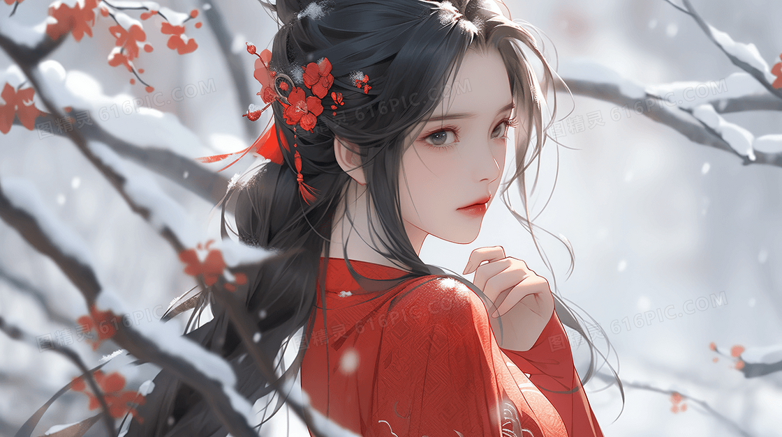 唯美古风美女冬日红色梅花和少女创意插画