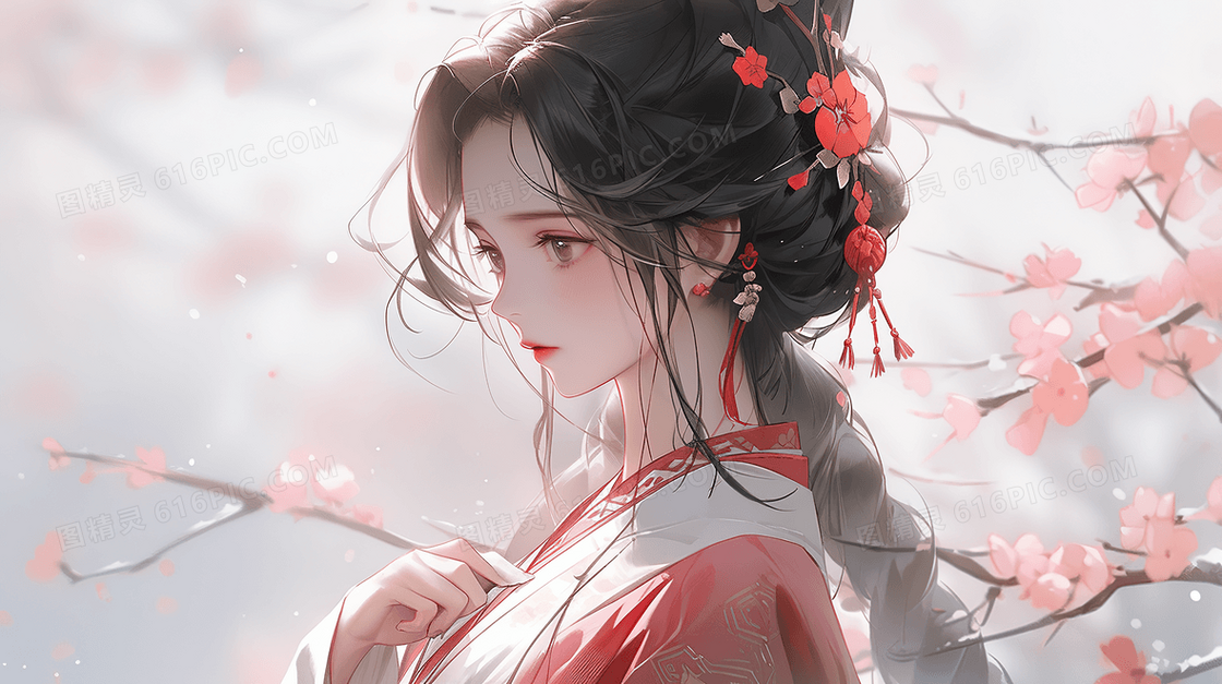 唯美古风美女冬日红色梅花和少女创意插画