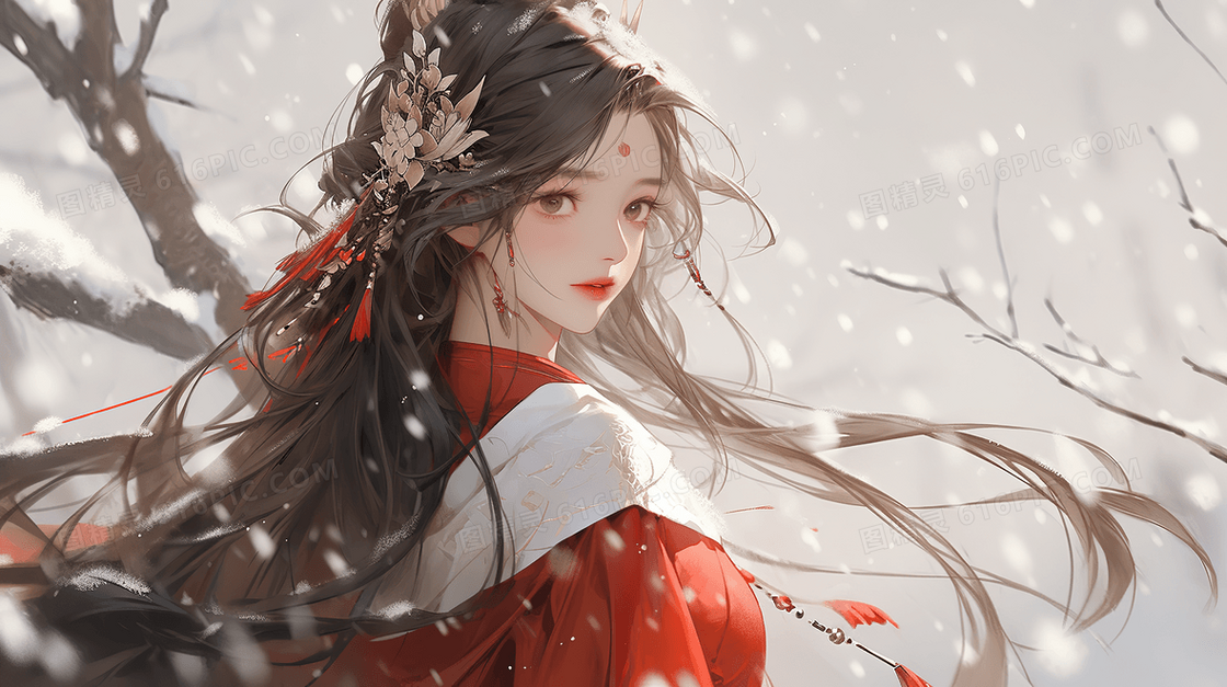 唯美古风美女冬日红色梅花和少女创意插画