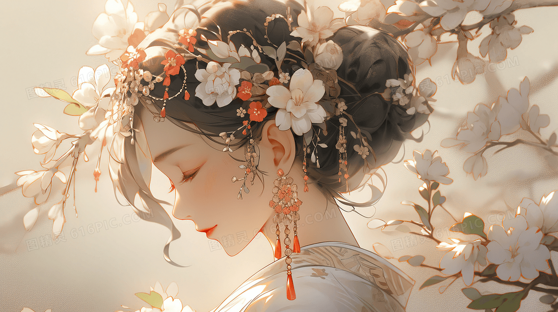 唯美古风美女头戴鲜花的少女创意插画