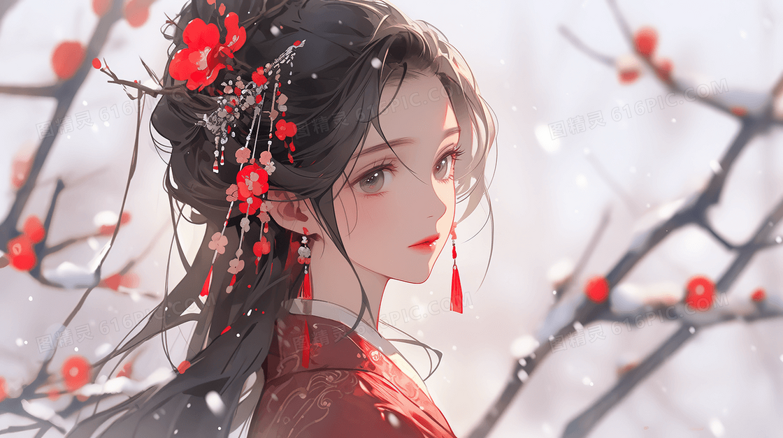 唯美古风美女冬日红色梅花和少女创意插画