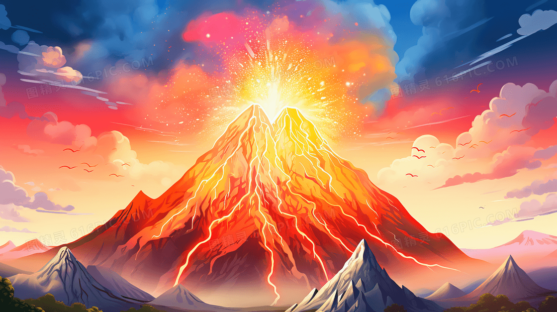 手绘火山爆发岩浆喷流插画