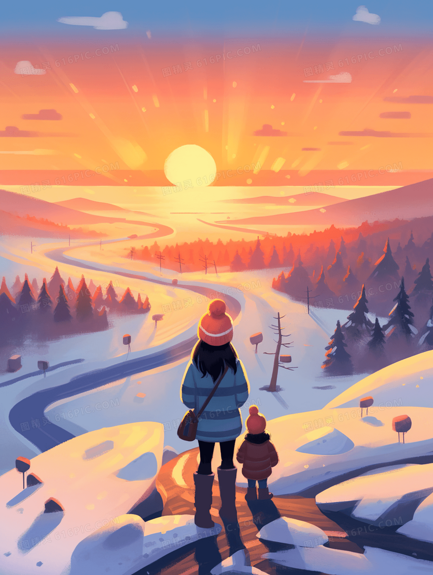 雪山上观看日落的母女插画