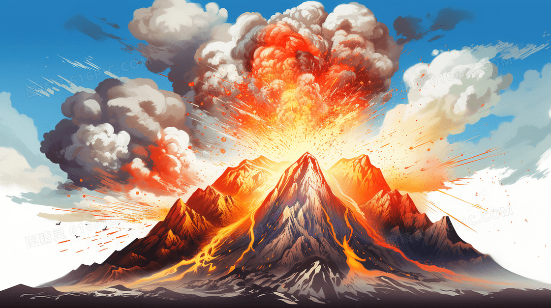 手绘火山爆发岩浆喷流插画