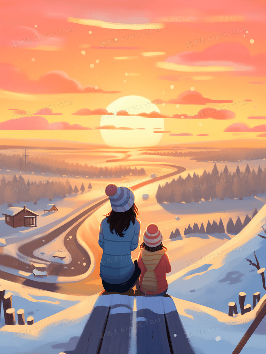 雪山上观看日落的母女插画