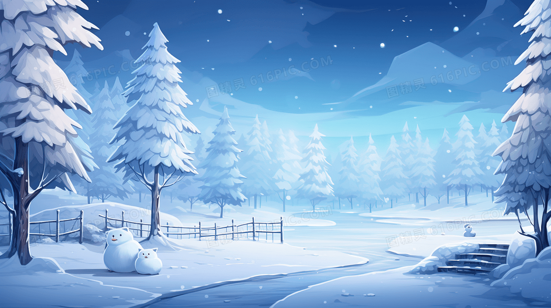 大雪覆盖的山间树林风景插画
