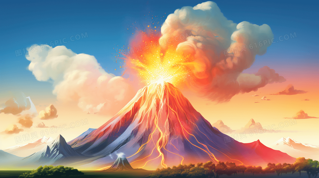 彩色火山爆发插画