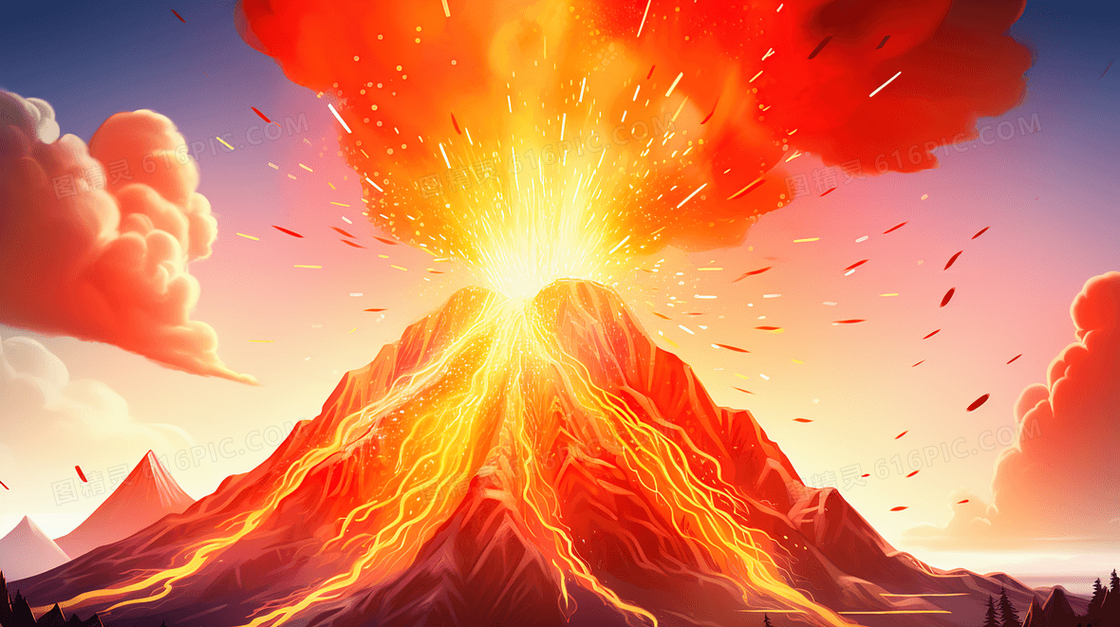 喷发红色火焰岩浆爆发中的火山插画