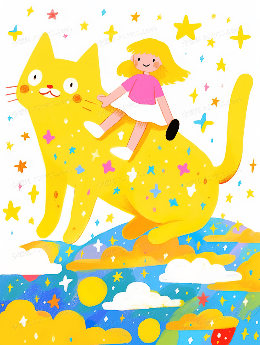 彩色手绘抱着小猫的女孩插画