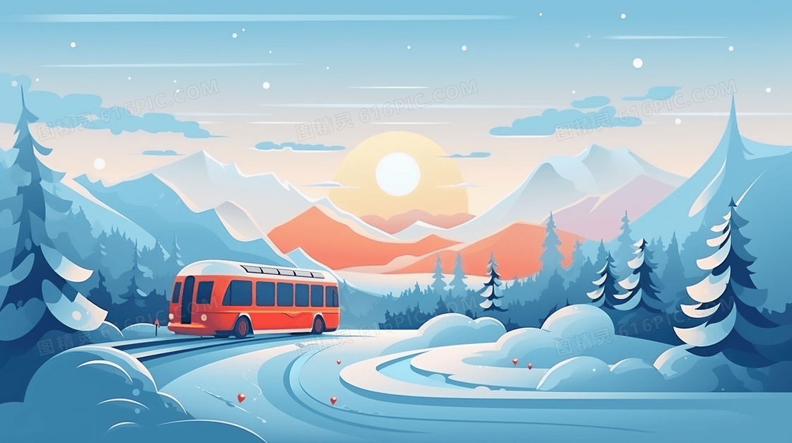 行驶在山林中雪地道路上的大巴车风景插画