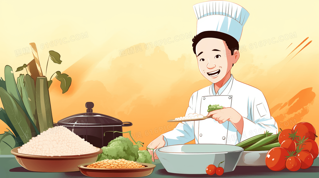 扁平化中国厨师制作美食插画
