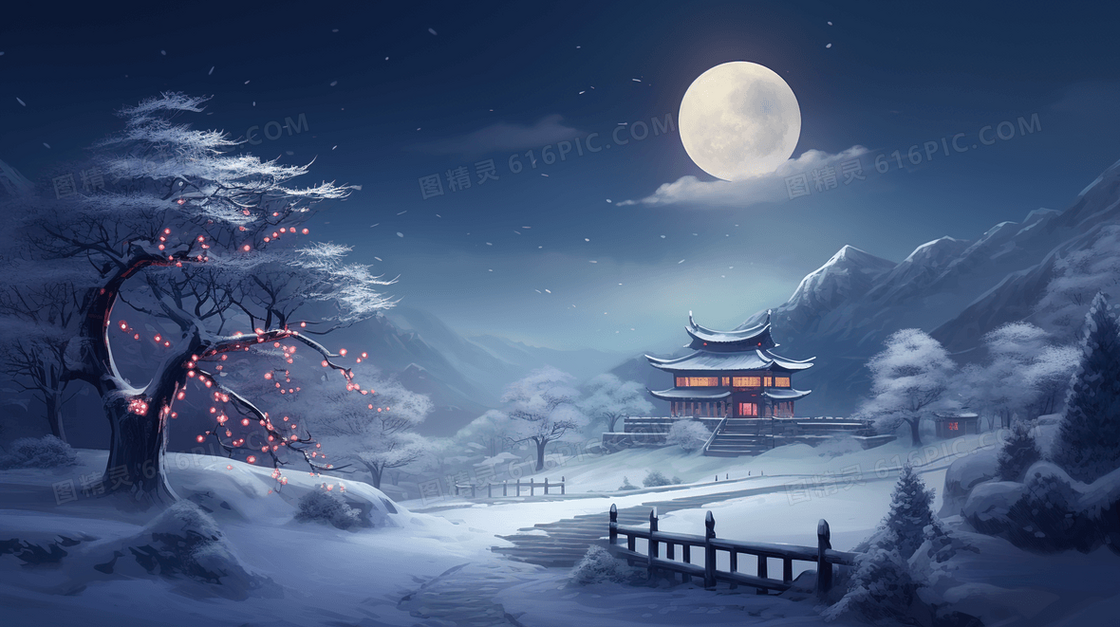 冬季雪山森林明月夜景插画