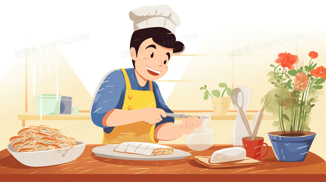 扁平化中国厨师制作美食插画
