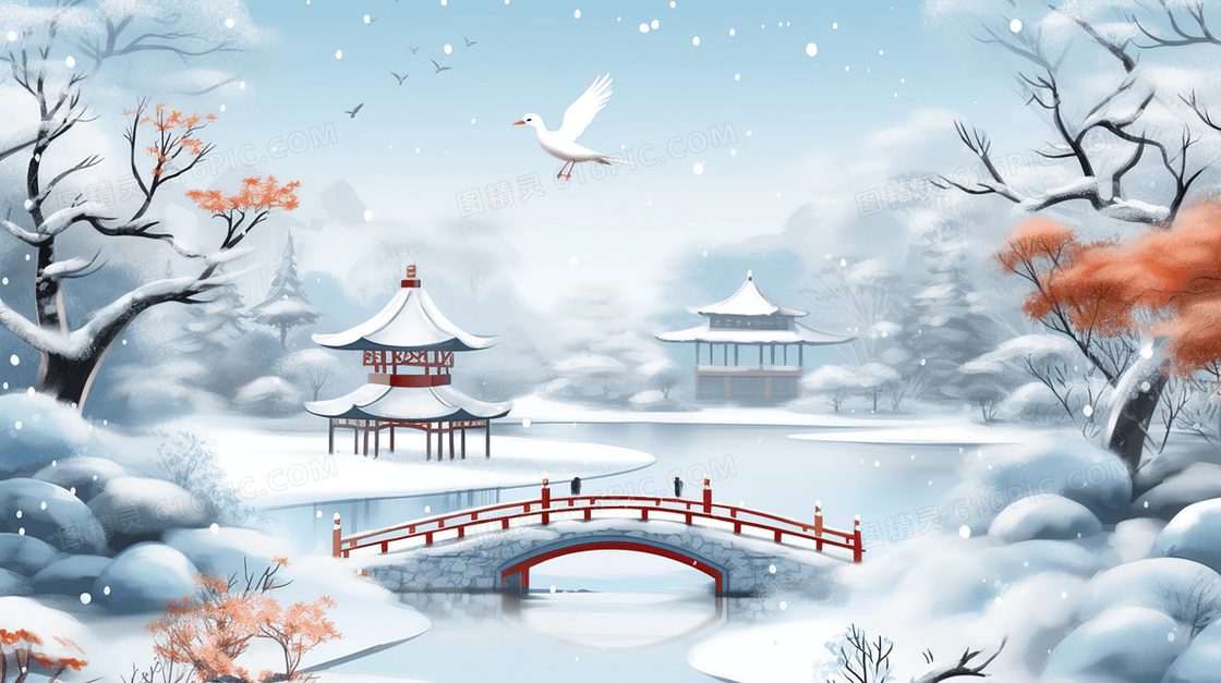 冬季森林活泼凉亭小桥雪景插画