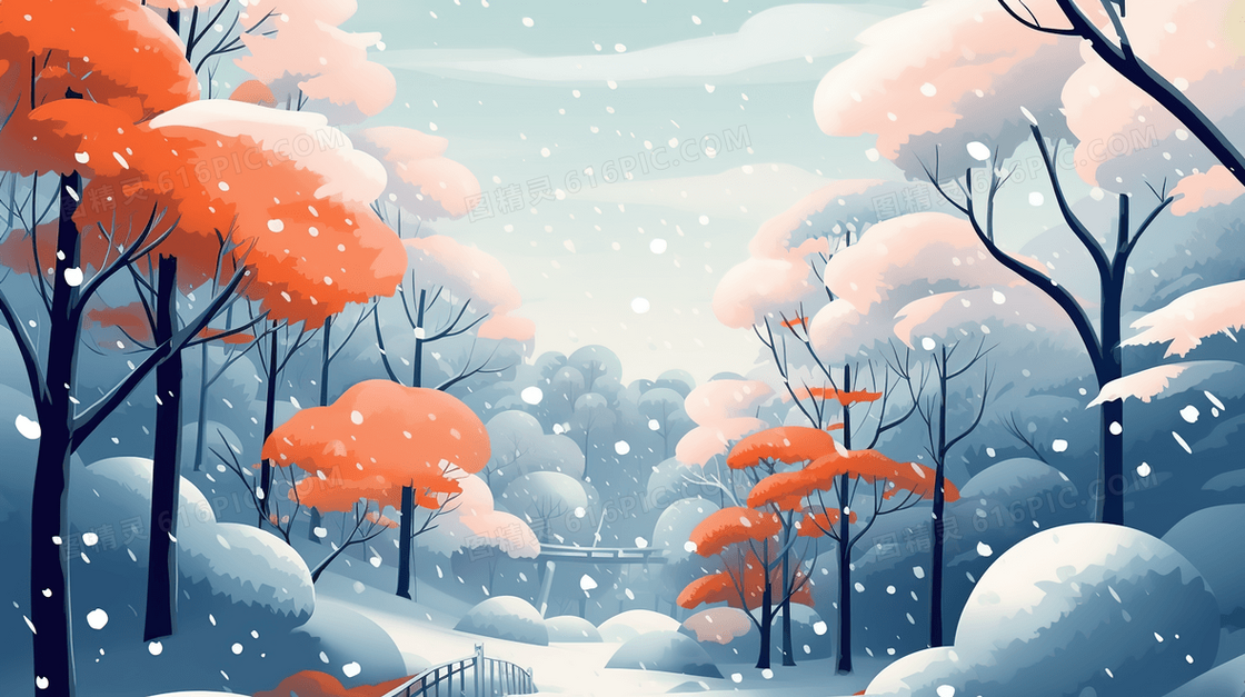 冬季飘雪中红叶山林插画