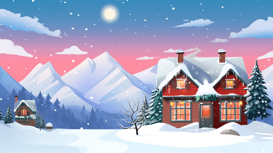 冬季被大雪覆盖的村庄建筑风景插画
