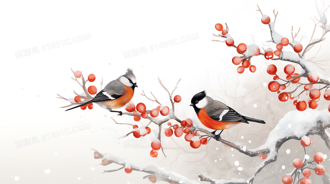 中国风红色果实树枝上的小鸟插画