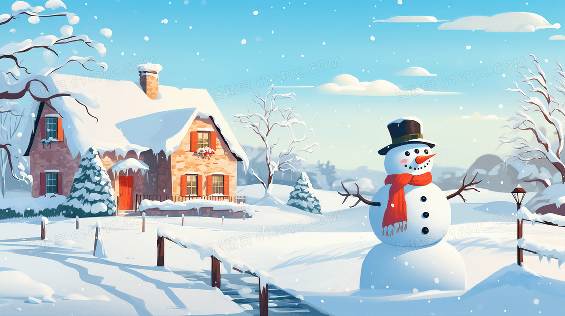 冬季下雪山林木屋雪人插画