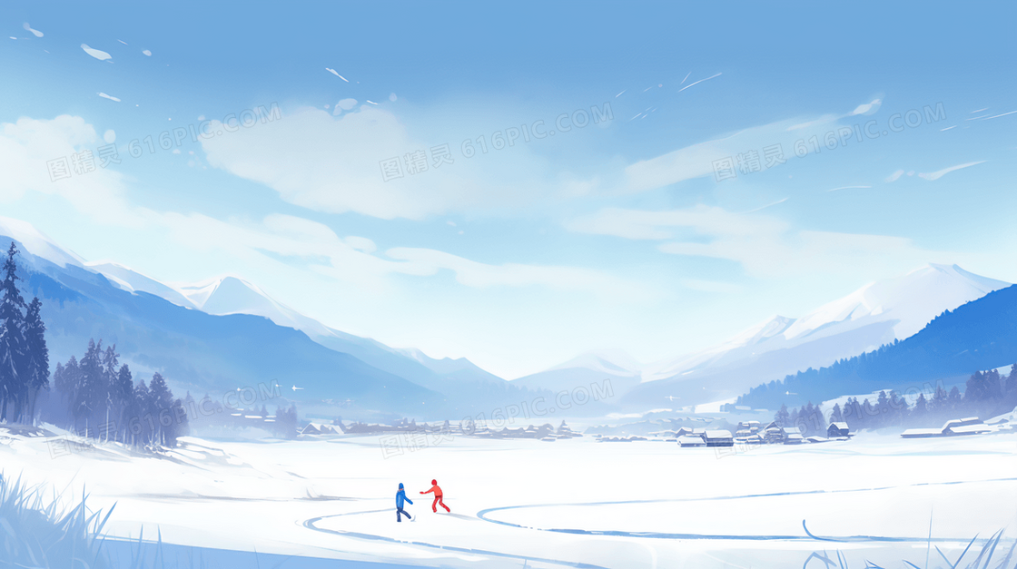 冬季雪原上玩耍的少年插画