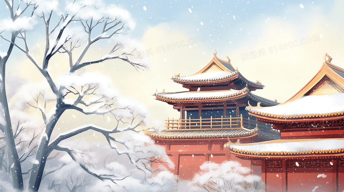 冬季雪中古阁楼雪景插画