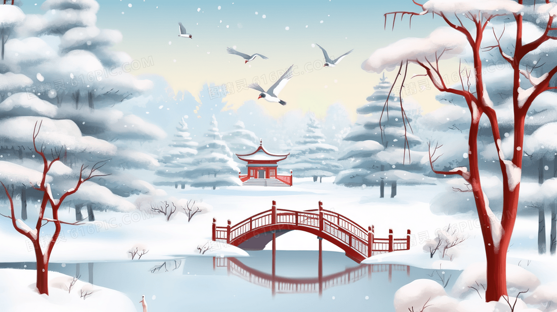 冬季森林活泼凉亭小桥雪景插画