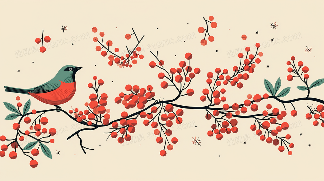 中国风红色果实树枝上的小鸟插画