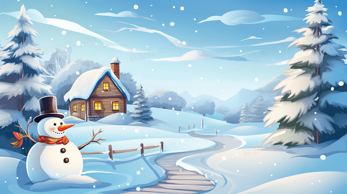 冬季下雪山林木屋雪人插画