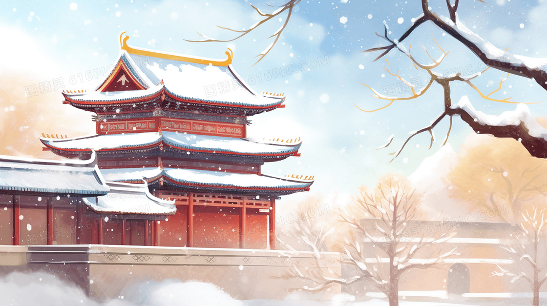 冬季雪中古阁楼雪景插画