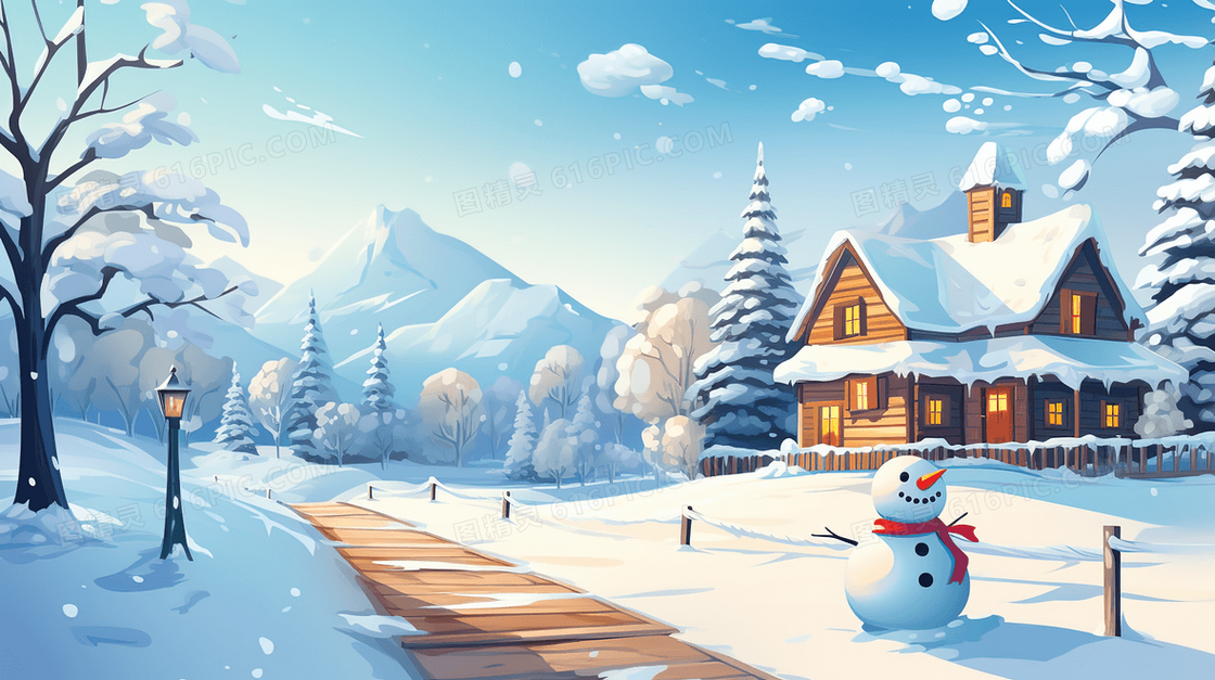 冬季下雪山林木屋雪人插画