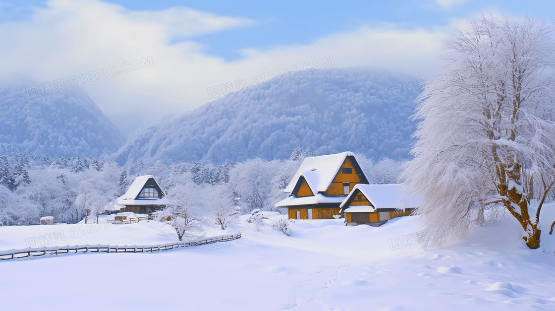 冬季大雪山林中小木屋插画