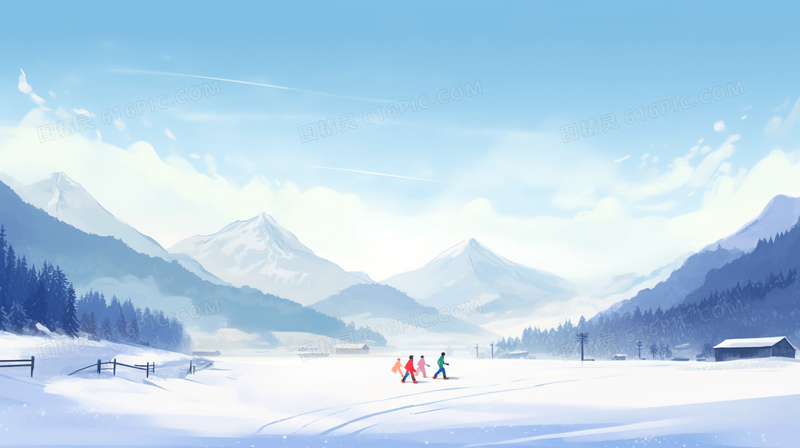 冬季雪原上玩耍的少年插画