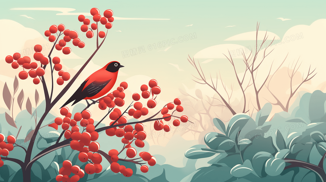 红色果实树枝上的小鸟插画