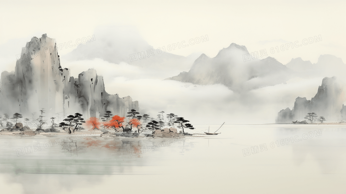 山林烟雾袅绕湖泊水墨插画