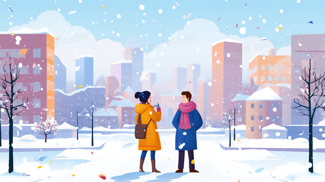 大雪天城市道路上偶遇交谈的人们插画