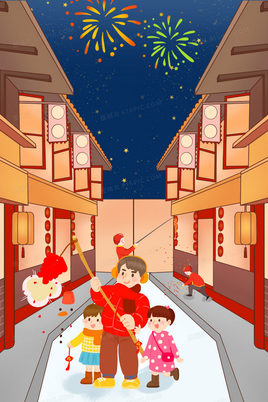 春节家长带孩子户外放鞭炮插画