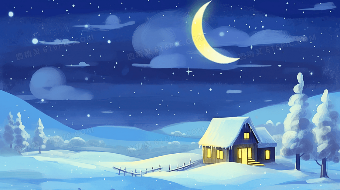 冬天夜晚山坡雪地里亮灯的小屋风景插画