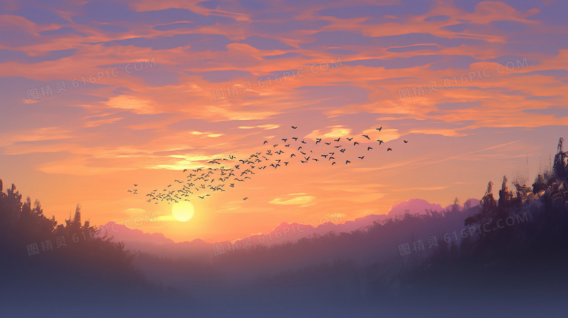秋天晚霞美丽风景插画