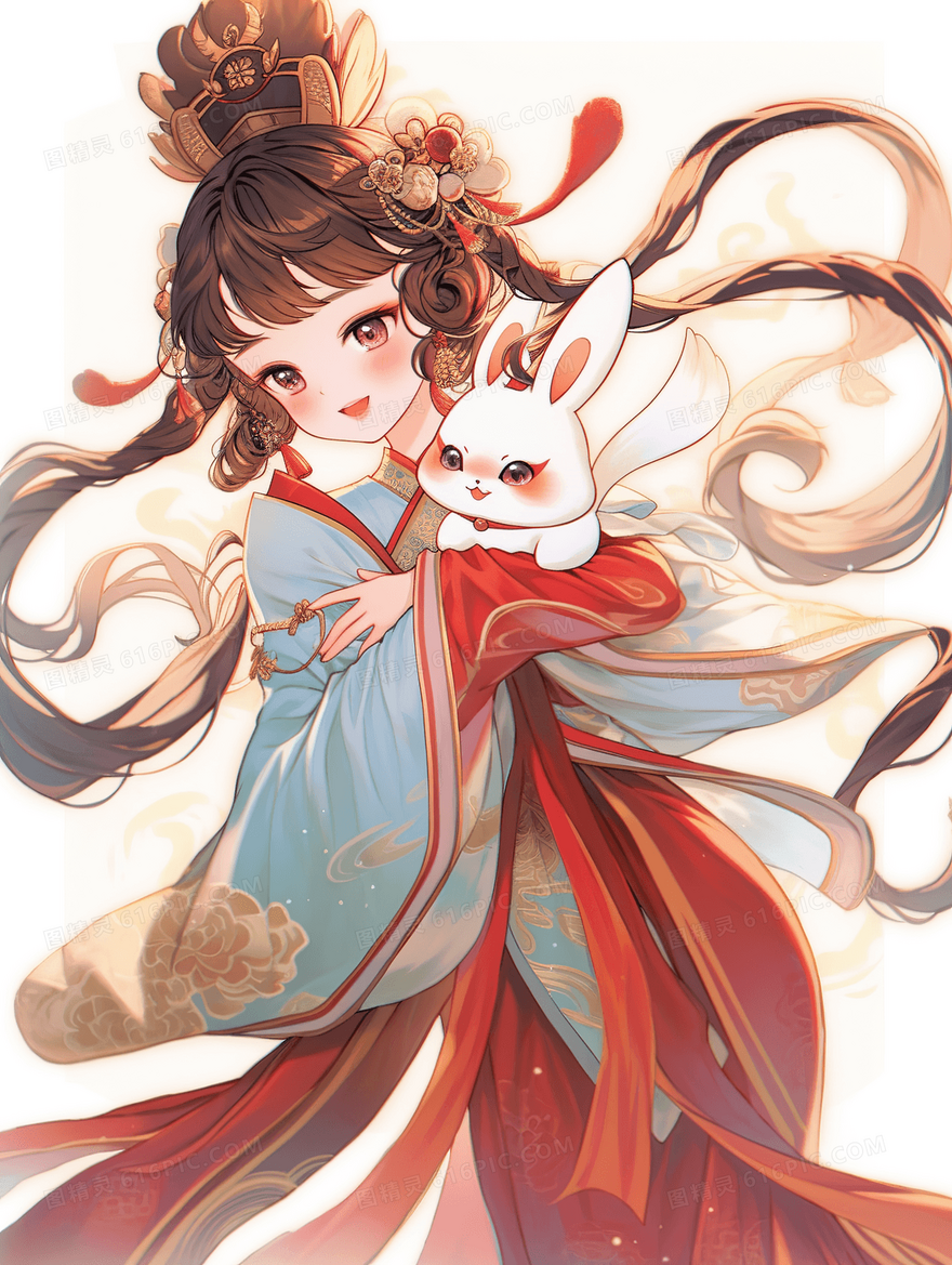 古风少女中秋节抱着兔子嫦娥仙子创意插画