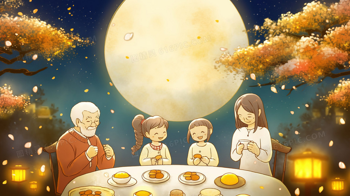 中秋节团圆赏月插画