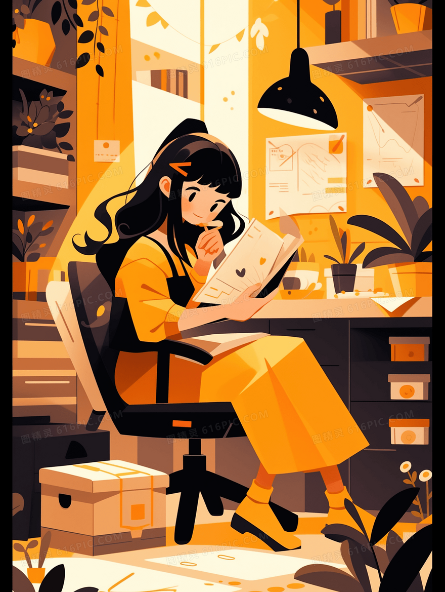 书桌旁的女生插画
