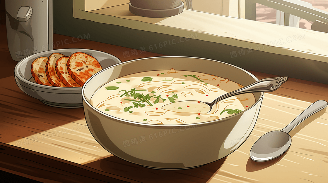 西式奶油蘑菇汤配面包美食插画