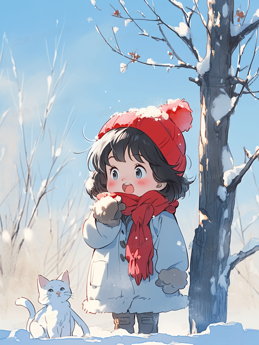 冬日里可爱的小女孩带宠物站在霜冻树下插画